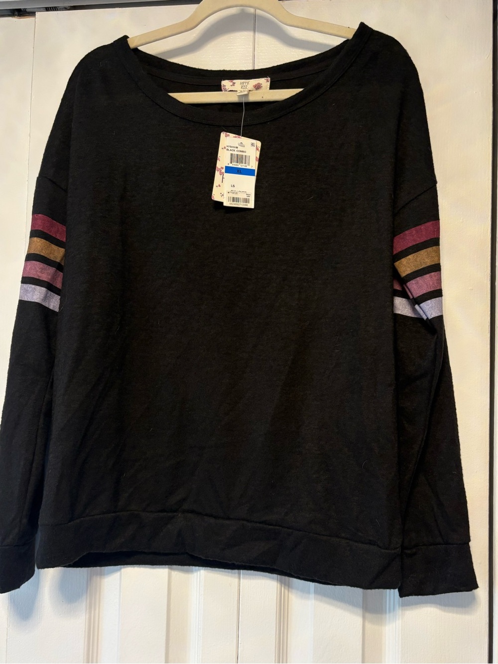 Hippie Rose Black Crewneck Sweater with Pink and Gold Sleeve Stripes
